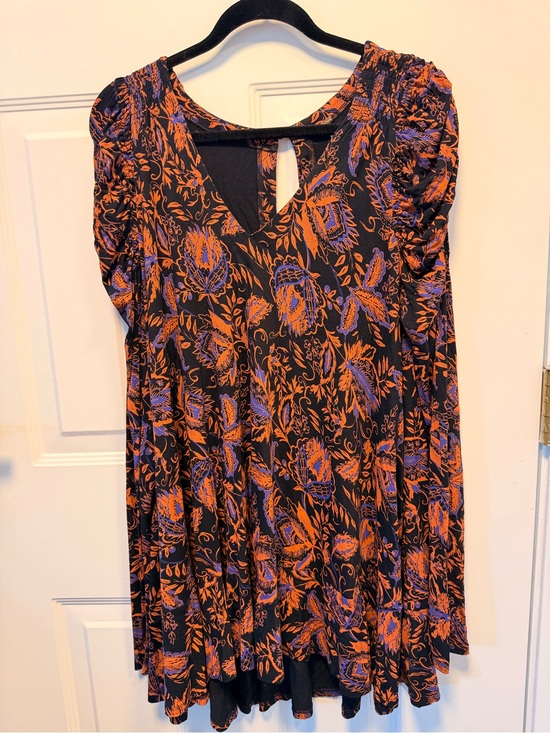 Free People Dresses & Skirts - Free People Black Mini Dress with Orange and Purple Floral Print